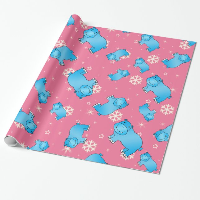 Cute blue hippo christmas rosa snöflingor presentpapper (Utrullad)