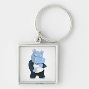 CUTE BLUE HIPPO FYRKANTIG SILVERFÄRGAD NYCKELRING