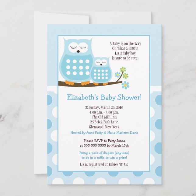 Cute Blue Hoot Uggla 5x7 Baby Shower Dot Inbjudan (Framsida)