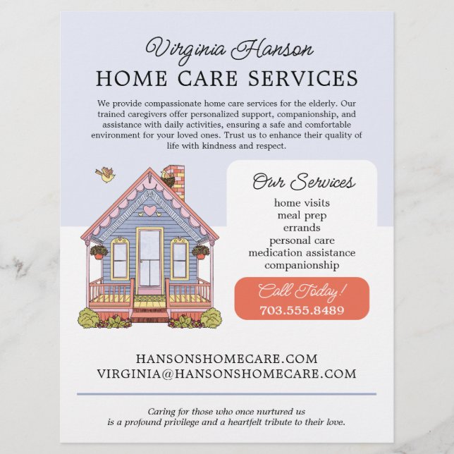 Cute Blue House Caregiver Caretaker Services Reklamblad (Framsidan)