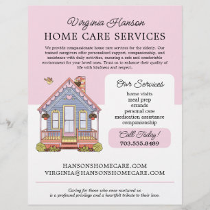 Cute Blue House Caregiver Caretaker Services Rosa Reklamblad