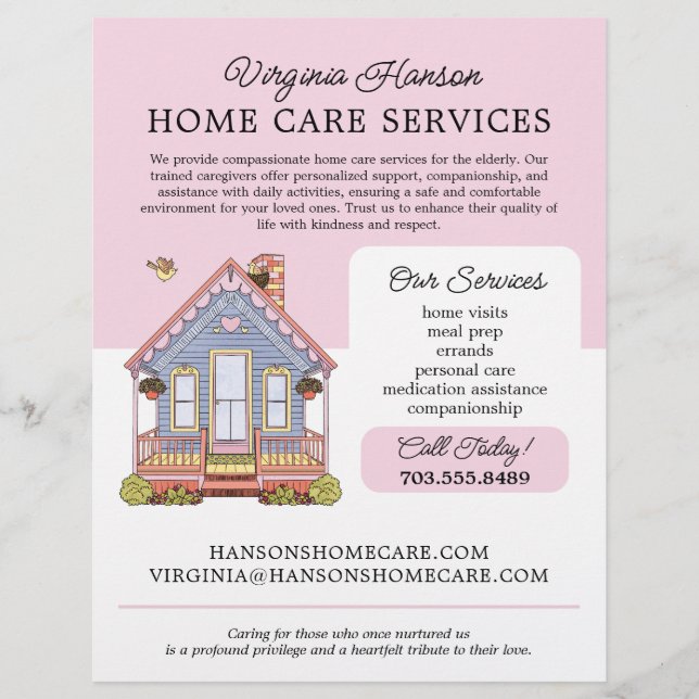 Cute Blue House Caregiver Caretaker Services Rosa Reklamblad (Framsidan)