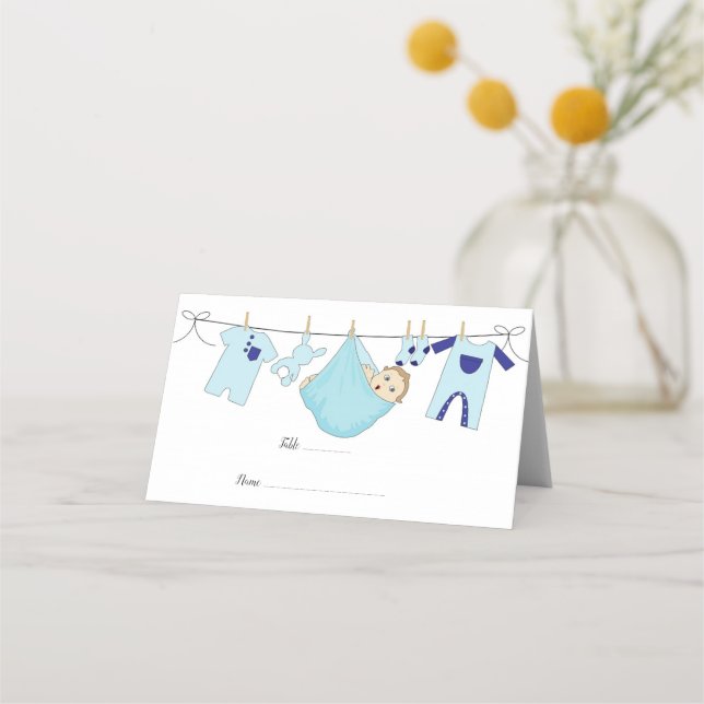 Cute Blue-illustration Baby Shower Place Card Placeringskort (Framsida)
