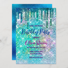 Cute blue iridescent unicorn faux glitter monogram inbjudningar
