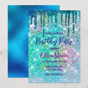 Cute blue iridescent unicorn faux glitter monogram inbjudningar