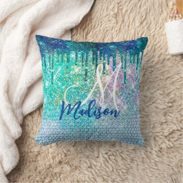 Cute blue iridescent unicorn faux glitter monogram kudde