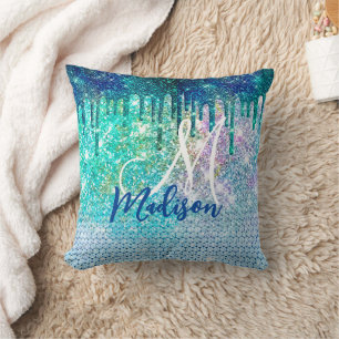 Cute blue iridescent unicorn faux glitter monogram kudde