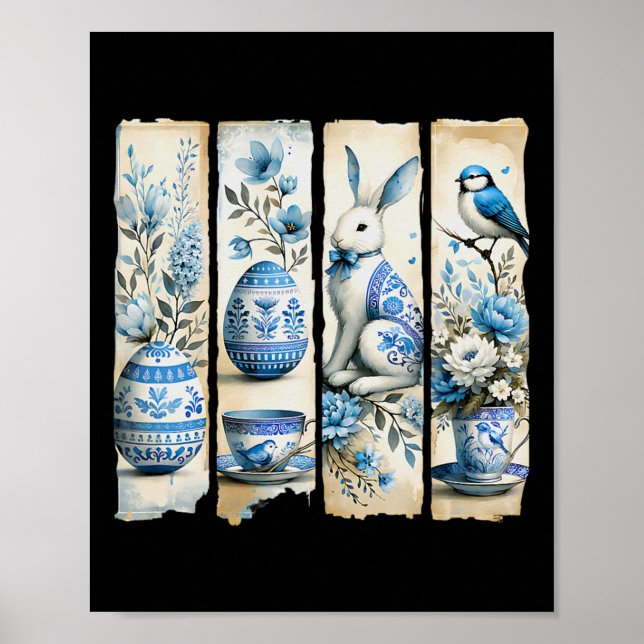 Cute Blue Jay Påskhare Eggs Flowers Ripped Pag Poster (Framsidan)