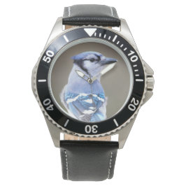 Cute Blue Jay Songbird på Treestump Armbandsur