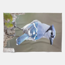 Cute Blue Jay Songbird på Treestump Kökshandduk