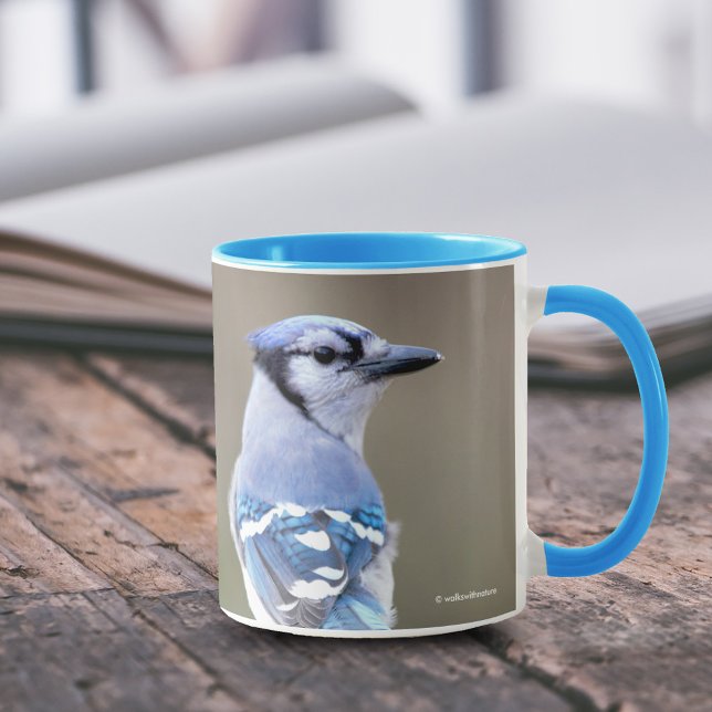 Cute Blue Jay Songbird på Treestump Mugg (Cute Blue Jay on Treestump 11 oz Coffee Mug Cover Photo.)