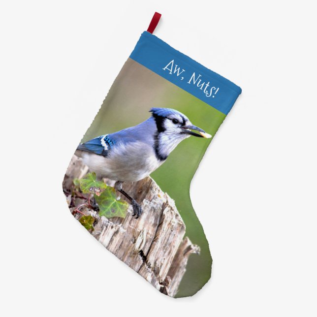 Cute Blue Jay Songbird på Treestump Stor Julstrumpa (Framsidan (Hängande))