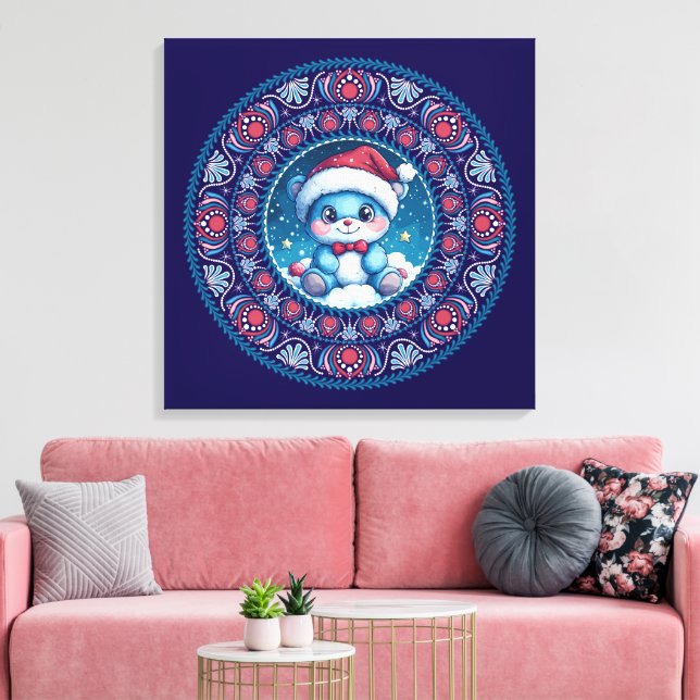 Cute Blue jul Kawaii Bear Dot Mandala Canvas (Insitu (Vardagsrum))