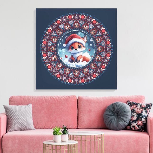 Cute Blue jul Kawaii Fox Dot Mandala Canvas (Insitu (Vardagsrum))
