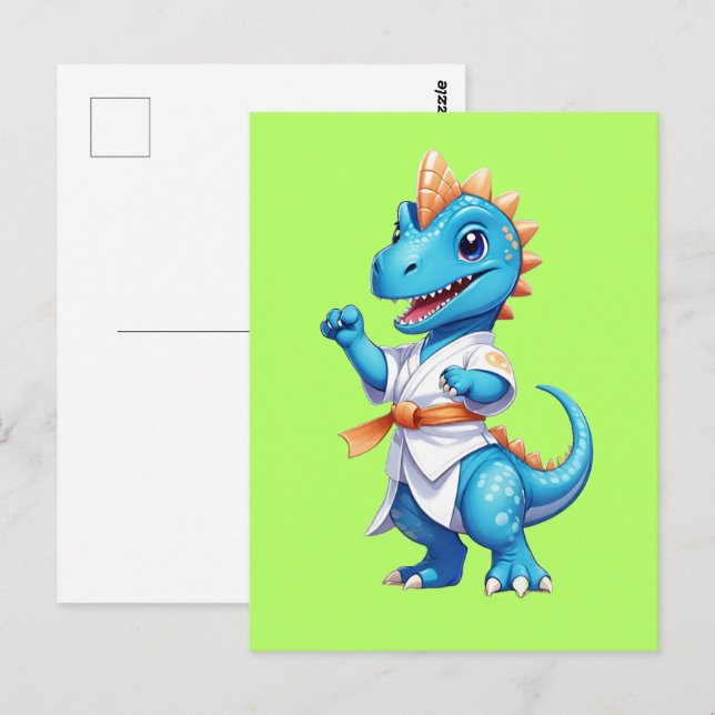 Cute blue karate dinosauaur vykort (Fram/baksida)
