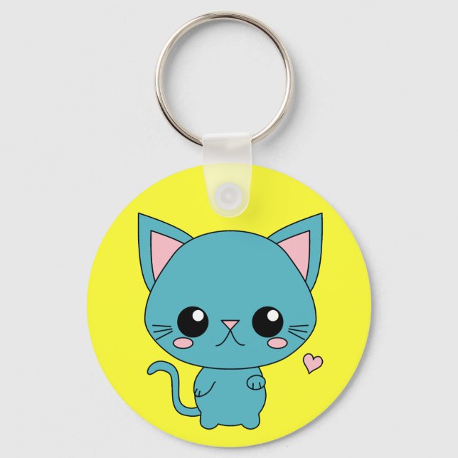 Cute Blue Kawaii Cat Nyckelring (Framsida)