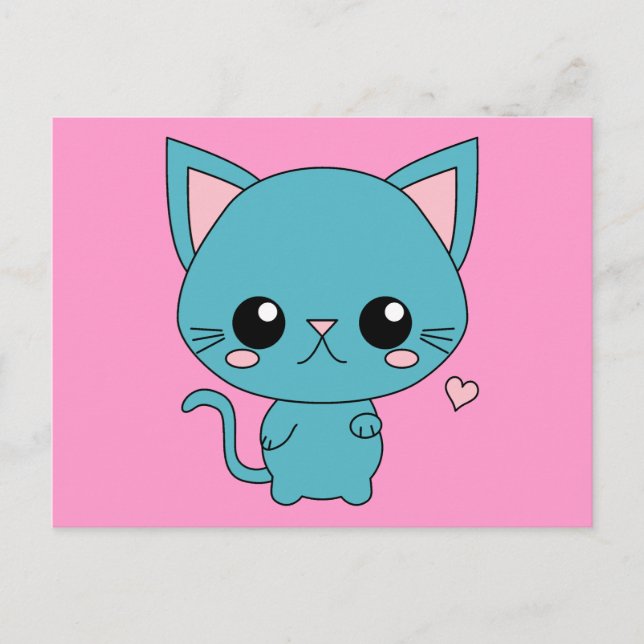 Cute Blue Kawaii Cat Vykort (Framsida)