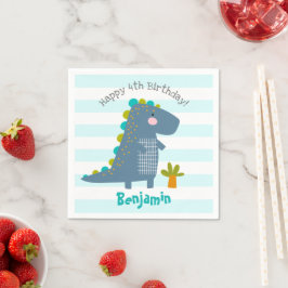Cute Blue Kawaii Dinosaur Boy Birthday Namn Roligt Pappersservett