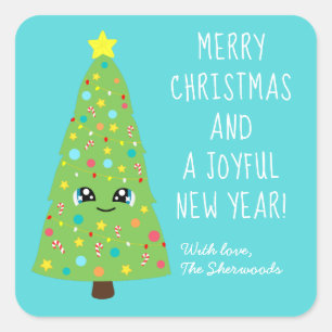 Cute Blue Kawaii Julgran Tecknad God jul Fyrkantigt Klistermärke