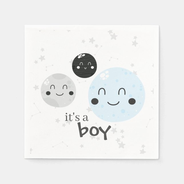 Cute Blue Kawaii Planet och Måne Baby Shower Pappersservett (Framsidan)