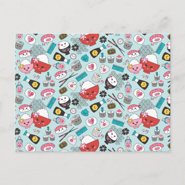 Cute Blue Kawaii Sushi Vykort (Framsida)
