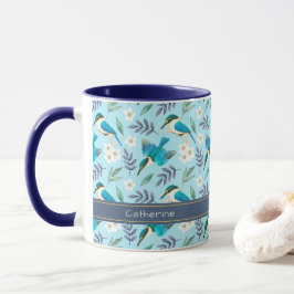 Cute Blue Kingfisher Birds Blommönster Namn Mugg