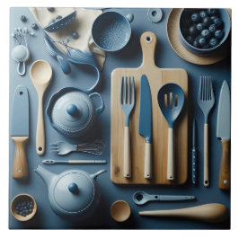 Cute Blue Kitchen Utensils Aesthetic Tapet Kakelplatta