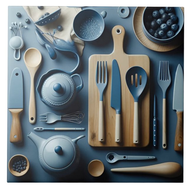 Cute Blue Kitchen Utensils Aesthetic Tapet Kakelplatta (Framsidan)
