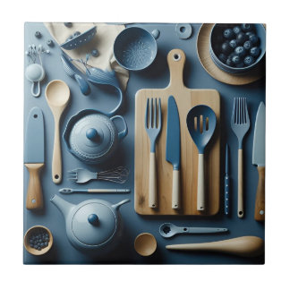 Cute Blue Kitchen Utensils Aesthetic Tapet Kakelplatta