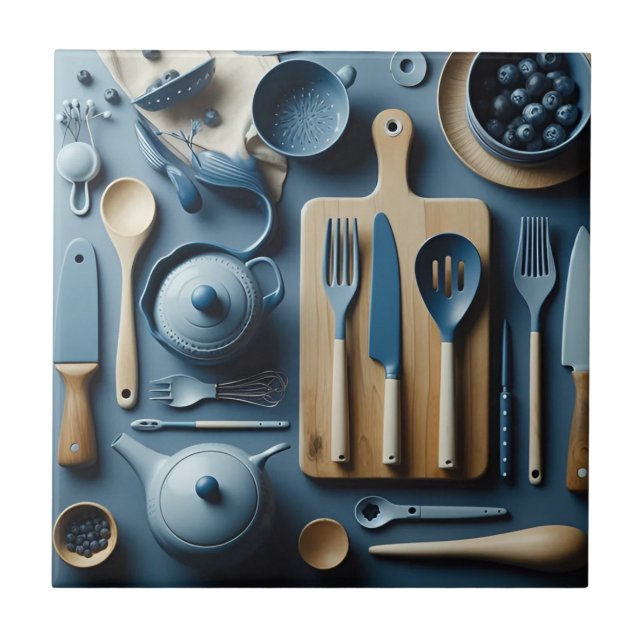 Cute Blue Kitchen Utensils Aesthetic Tapet Kakelplatta (Framsidan)