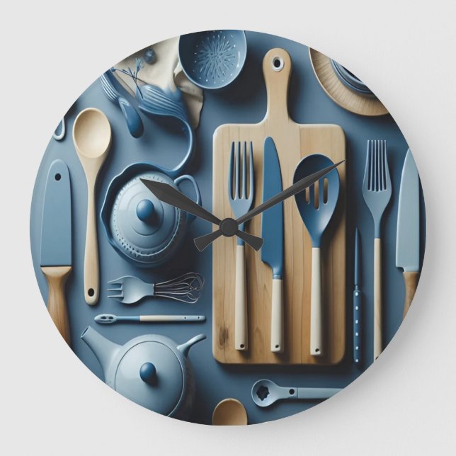 Cute Blue Kitchen Utensils Aesthetic Tapet Stor Klocka (Framsida)