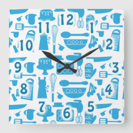 Cute Blue Kitchenware Cooking Verktyg Mönster Art Fyrkantig Klocka