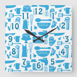 Cute Blue Kitchenware Cooking Verktyg Mönster Art Fyrkantig Klocka