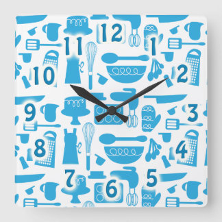 Cute Blue Kitchenware Cooking Verktyg Mönster Art Fyrkantig Klocka