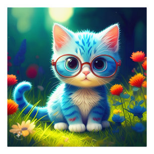 Cute Blue Kitten Wearing Glasses-276548 Fototryck