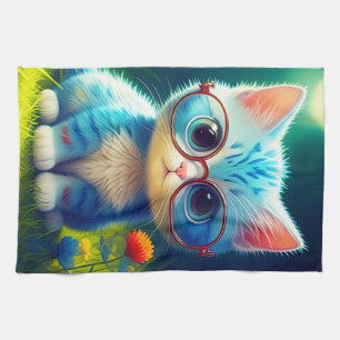 Cute Blue Kitten Wearing Glasses-276548 Kökshandduk