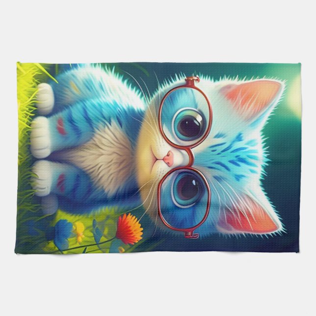 Cute Blue Kitten Wearing Glasses-276548 Kökshandduk (Horisontell)