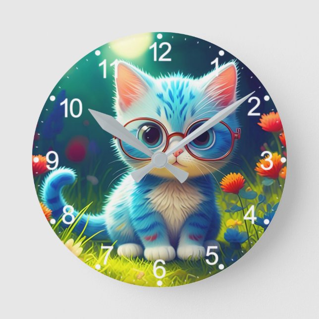 Cute Blue Kitten Wearing Glasses-276548 Rund Klocka (Framsida)