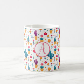 Cute Blue & Lavender Blommigt Cactus Script Monogr Kaffemugg