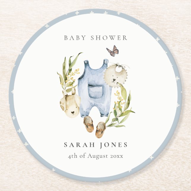Cute Blue Leafy Foliage Boy Clothes Baby Shower Underlägg Papper Rund (Framsidan)