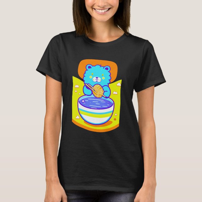 Cute Blue Lejon Enjoying Ramen Noodles T Shirt (Framsida)