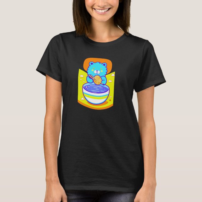 Cute Blue Lejon Enjoying Ramen Noodles T Shirt (Framsida)