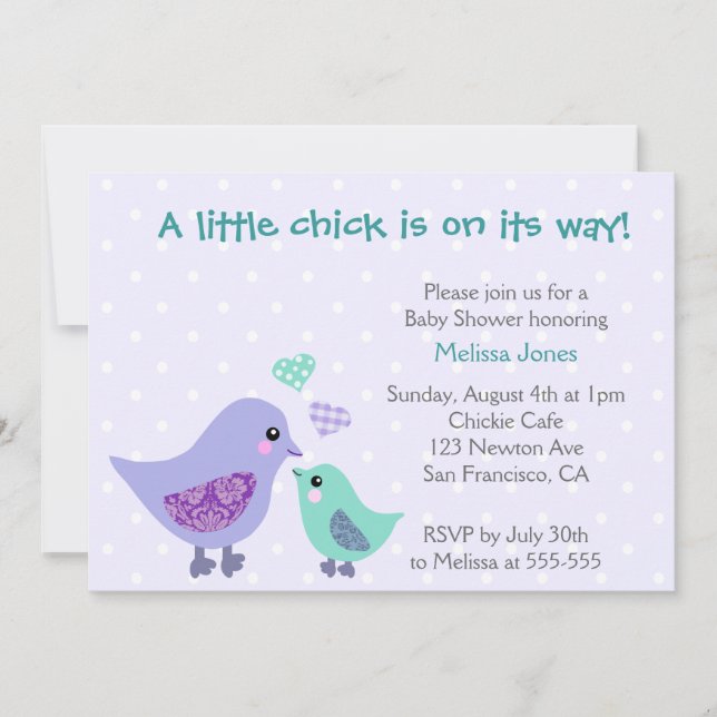Cute Blue & Lila Bird Baby Shower-inbjudan Inbjudningar (Framsida)