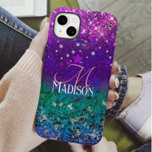 Cute blue lila ombre glitter monogram