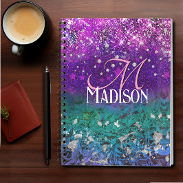 Cute blue lila ombre glitter monogram anteckningsbok