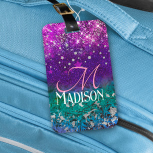 Cute blue lila ombre glitter monogram bagagebricka