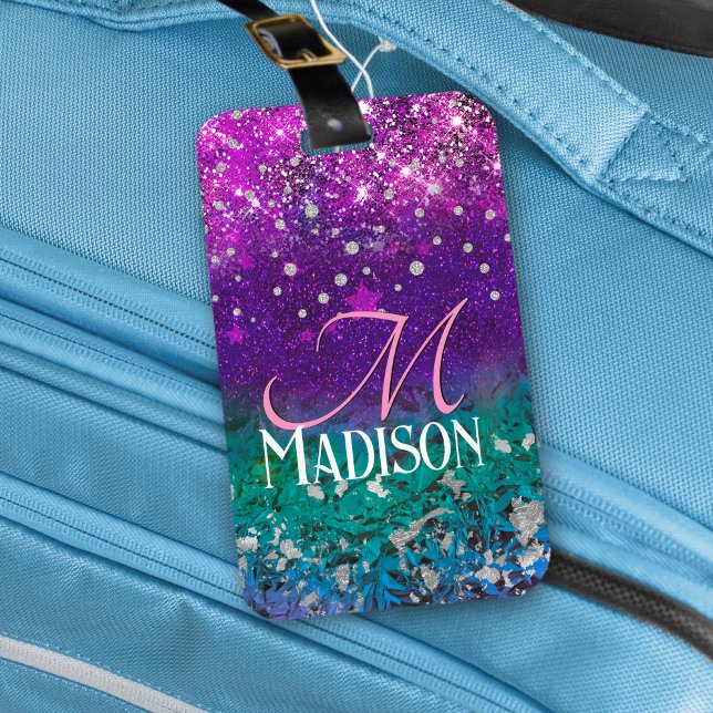 Cute blue lila ombre glitter monogram bagagebricka (Skapare uppladdad)