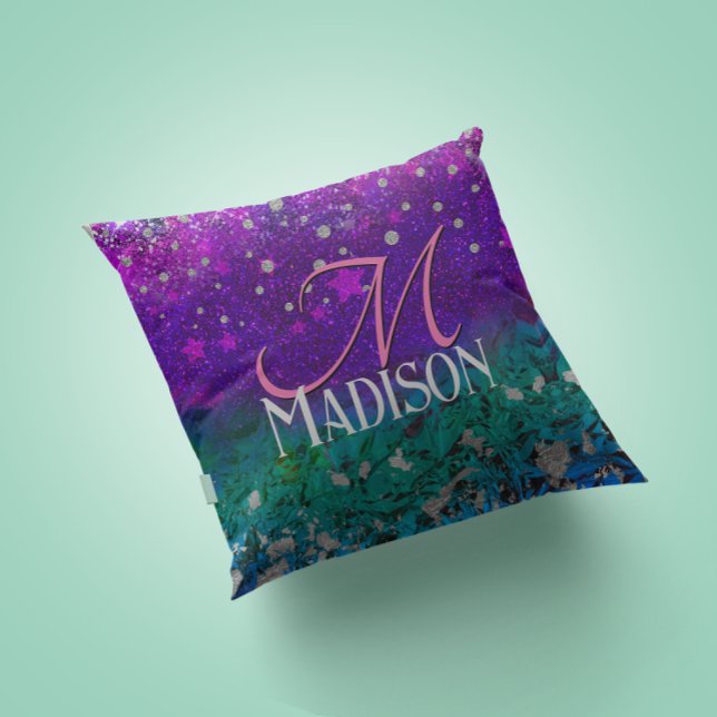 Cute blue lila ombre glitter monogram kudde (Skapare uppladdad)