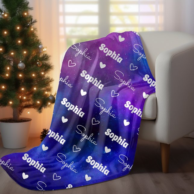 Cute blue lila som upprepar namn personlig fleecefilt (Skapare uppladdad)