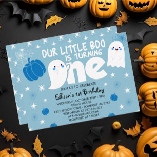 Cute Blue Little Boo Halloween Första födelsedagen Inbjudningar
